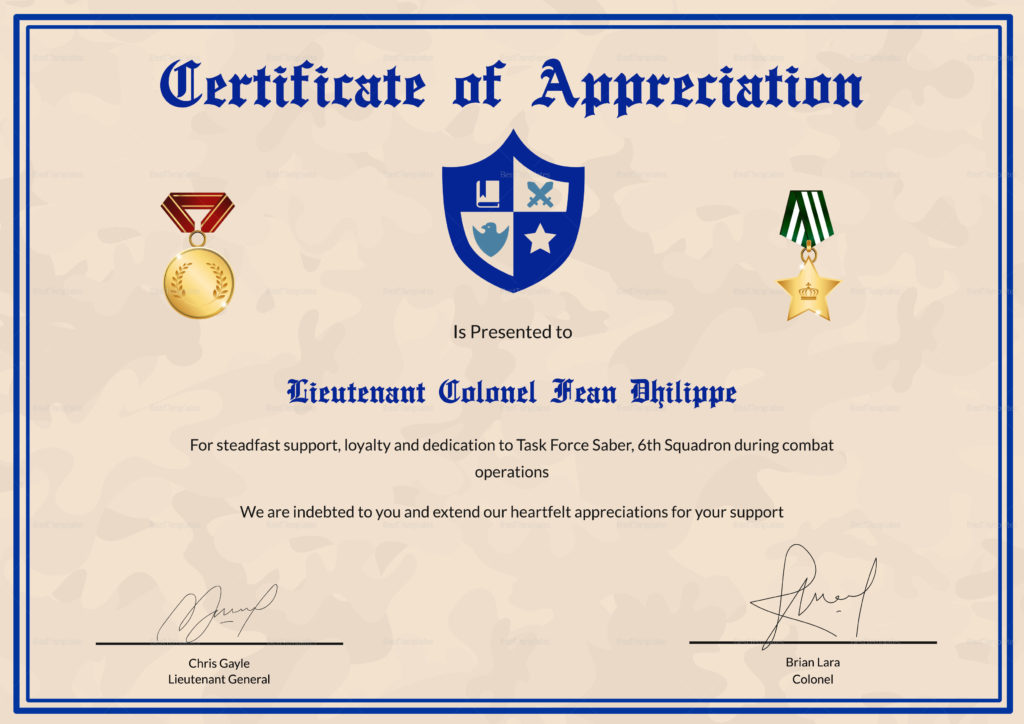 Army Certificate Of Appreciation Template PROFESSIONAL TEMPLATES